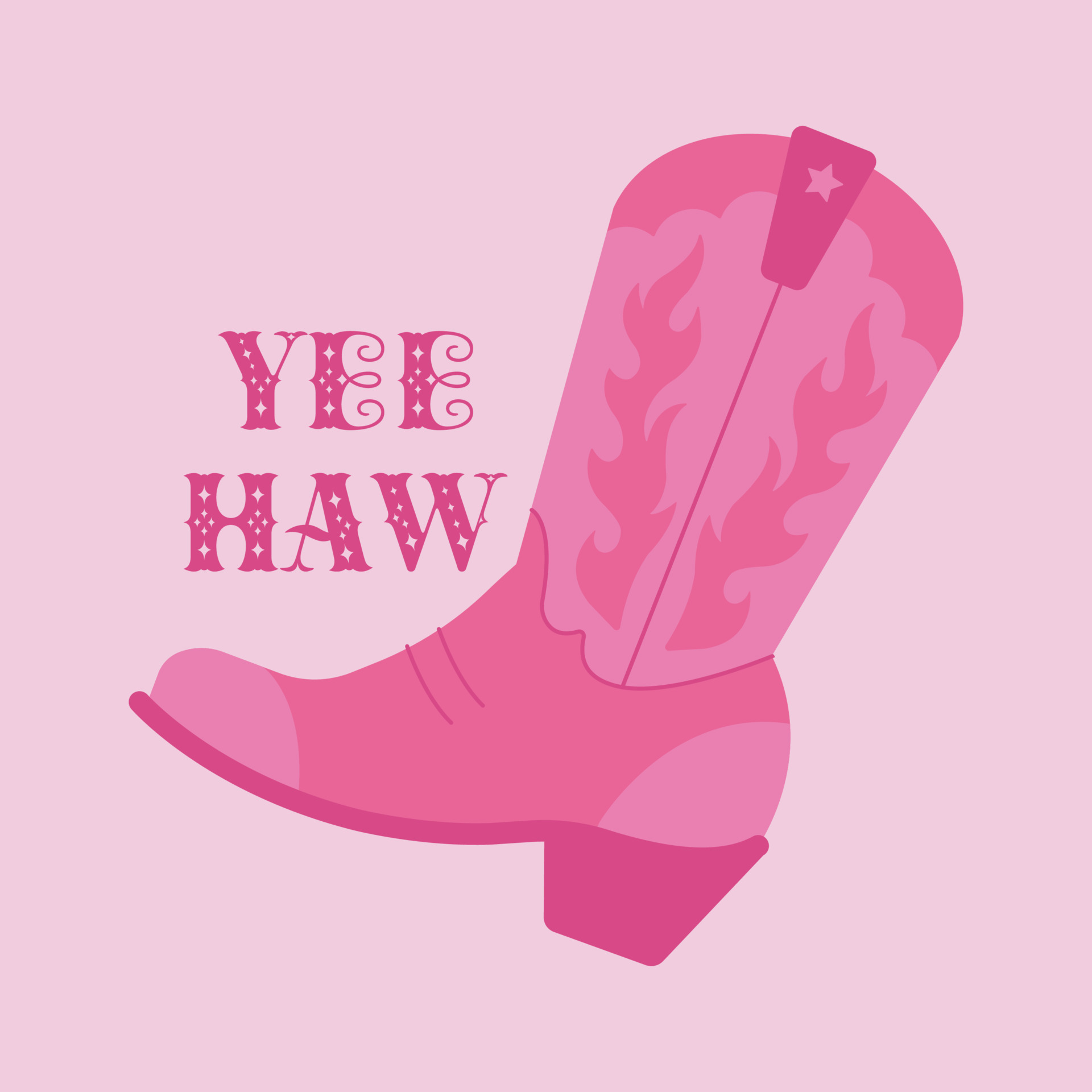 Cowgirl pink boot with yee haw lettering. Cowboy girl wears fashion