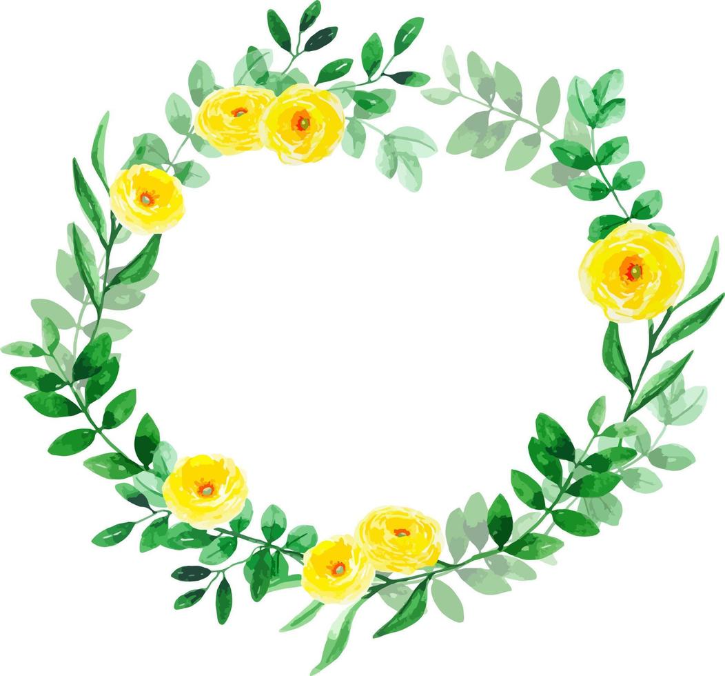 Greeting frame wreath with green leaves and yellow flowers botanical invitation watercolor vector