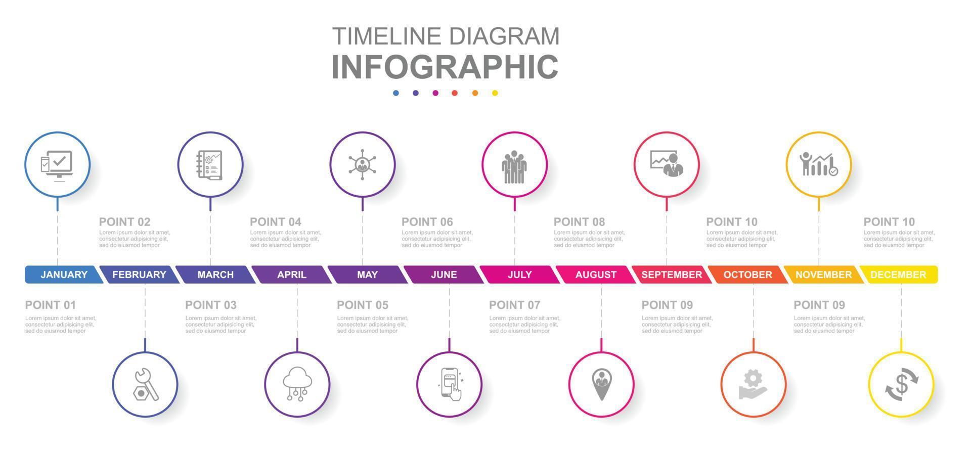 infografía negocio modelo. 12 meses moderno cronograma diagrama calendario con círculos concepto presentación. vector