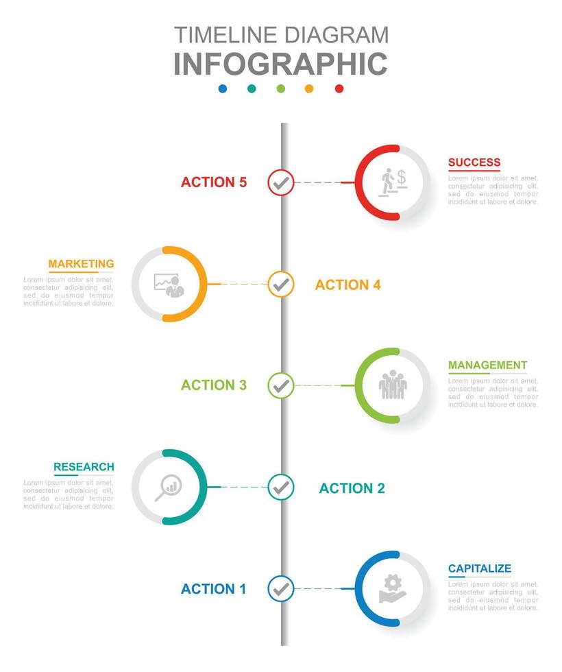Infographic business template. 5 Steps Modern Timeline diagram calendar with vertical topics and circles. Concept presentation. vector