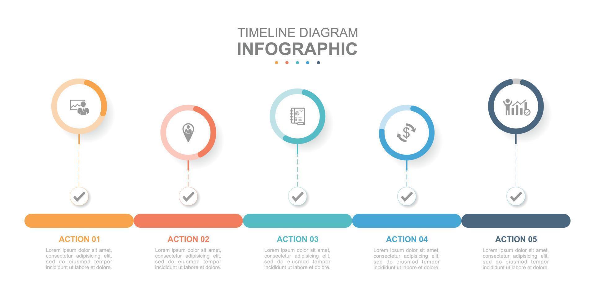 Infographic business template. 5 Steps Modern Timeline diagram roadmap with percent pie chart. Concept presentation. vector