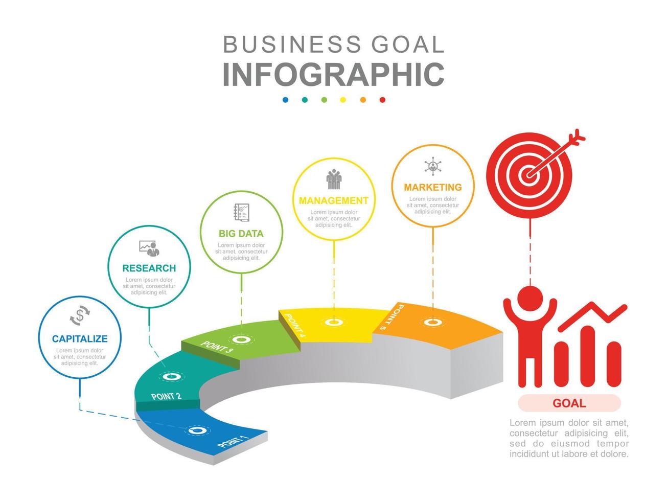 Infographic business template. 6 Steps Modern Target diagram with staircase. Concept presentation. vector