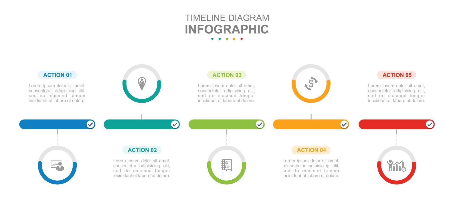 infografía negocio modelo. 5 5 pasos moderno cronograma diagrama mapa vial con por ciento tarta cuadro. concepto presentación. vector