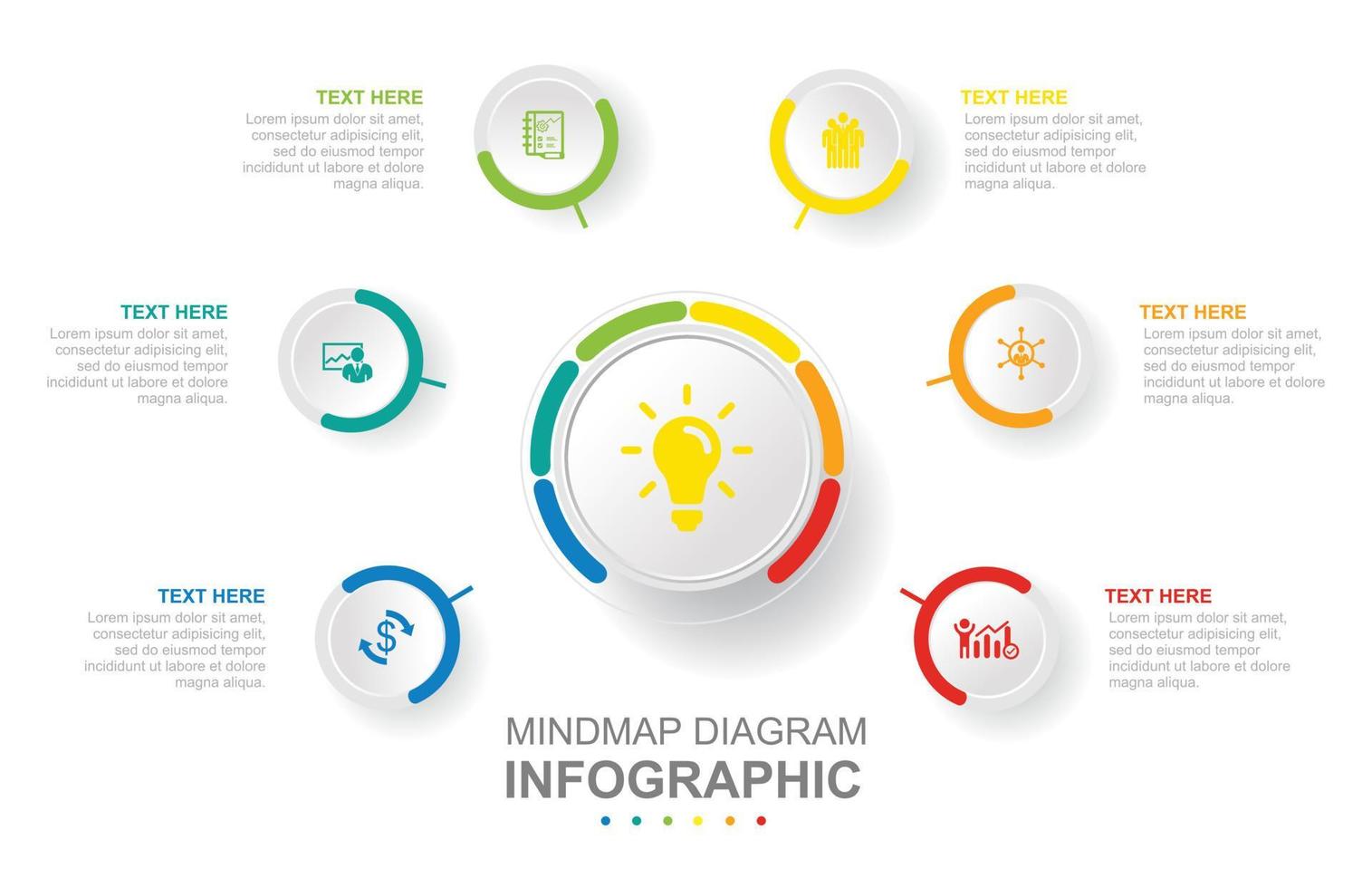 Infographic business template. 6 Steps Modern Mindmap diagram with circle topics. Concept presentation. vector