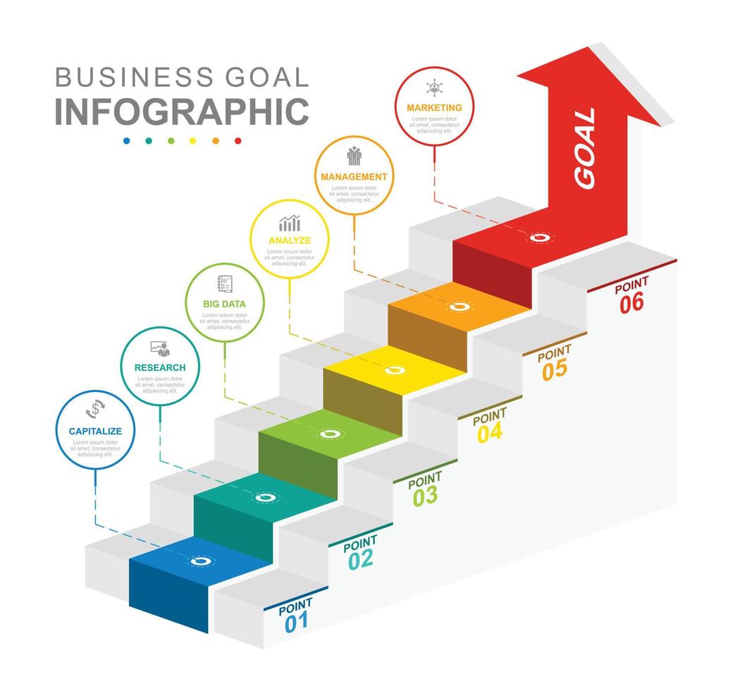 Infographic business template. 6 Steps Modern Stair diagram with arrow and topics. Concept presentation. vector