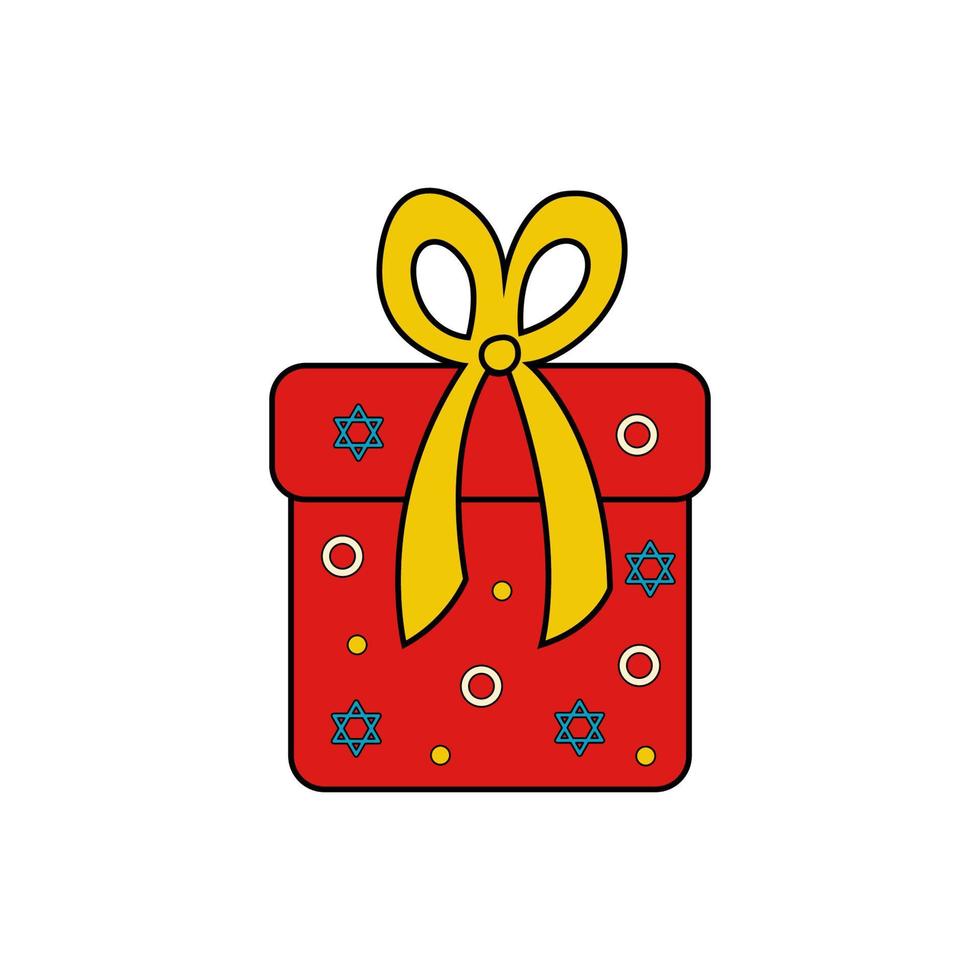 Purim gift template. Traditional red present box with yellow bow-knot and jewish pattern for holiday. Outline icon isolated on white background. Hand drawn doodle vector illustration.