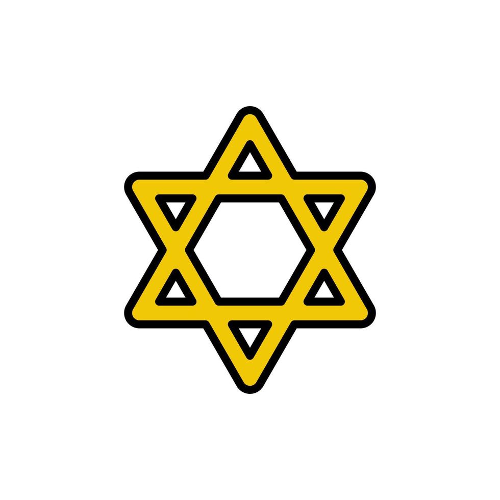 Purim star of David template. Traditional jewish symbol in yellow color. Outline icon isolated on white background. Hand drawn doodle vector illustration.