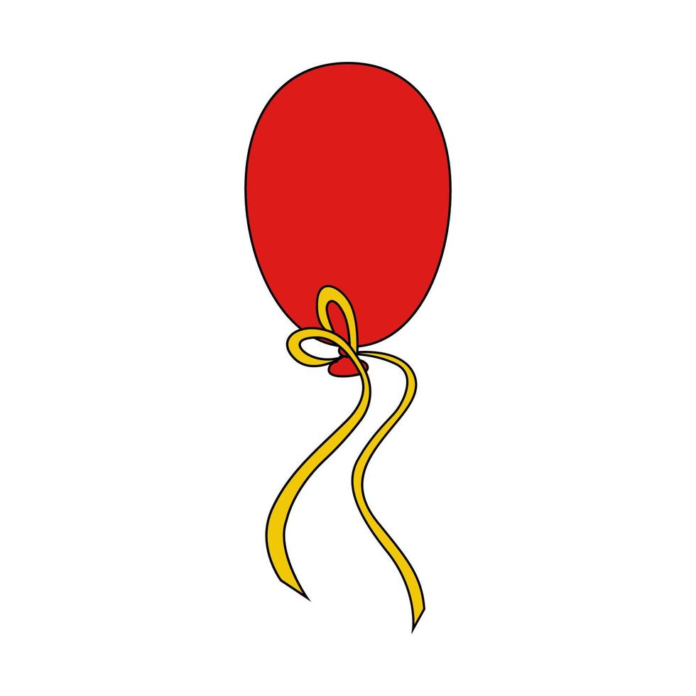 Purim balloon template. Red balloon with yellow ribbon for holiday. Outline icon isolated on white background. Hand drawn doodle vector illustration.