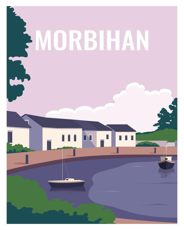 travel poster of sunset view in Morbihan, France. vector illustration landscape background with colored style.