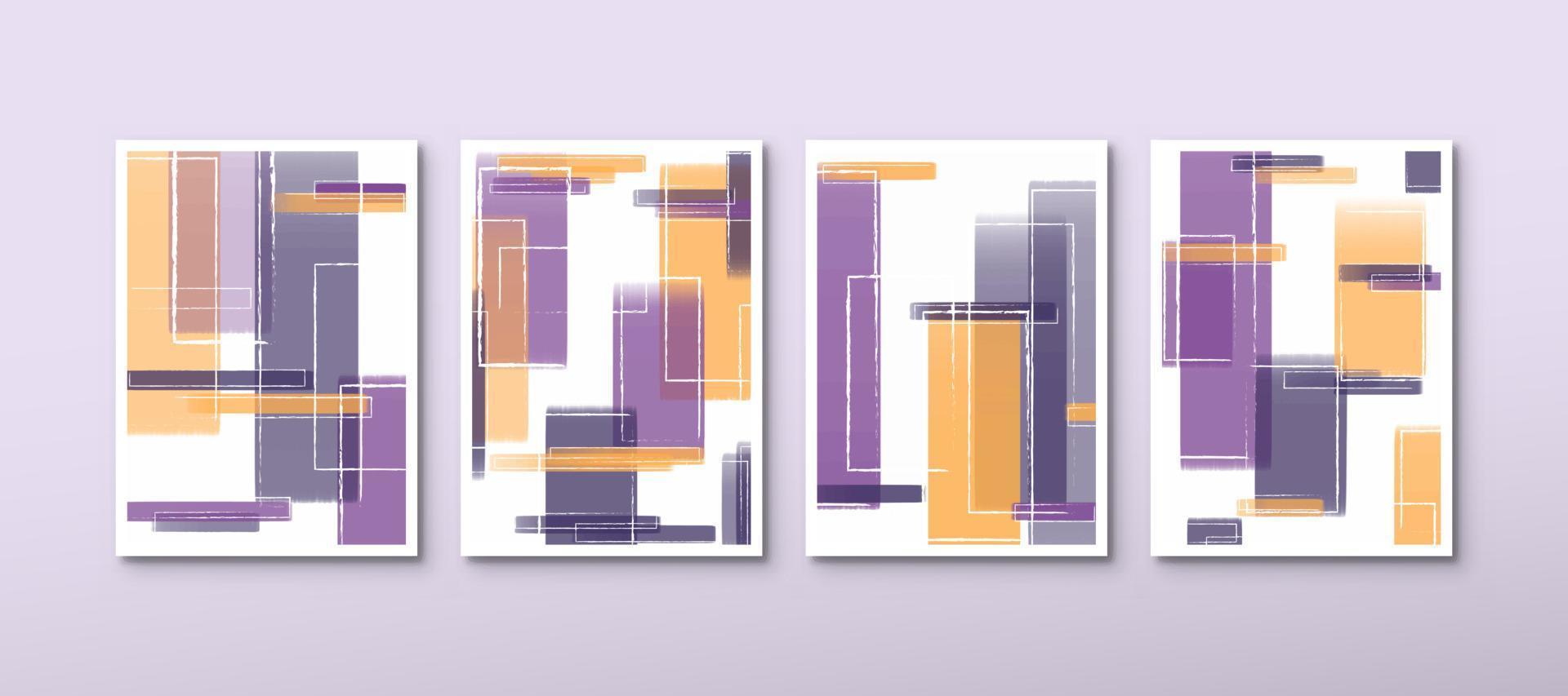 Set of aesthetic watercolor posters with orange and purple colors for wall decoration. Modern abstract hand-drawn background vector