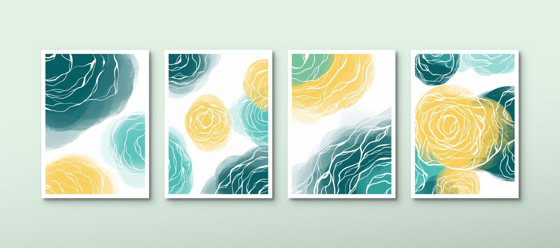 Set of aesthetic roses watercolor posters with yellow and green colors for wall decoration. Modern abstract hand-drawn background vector