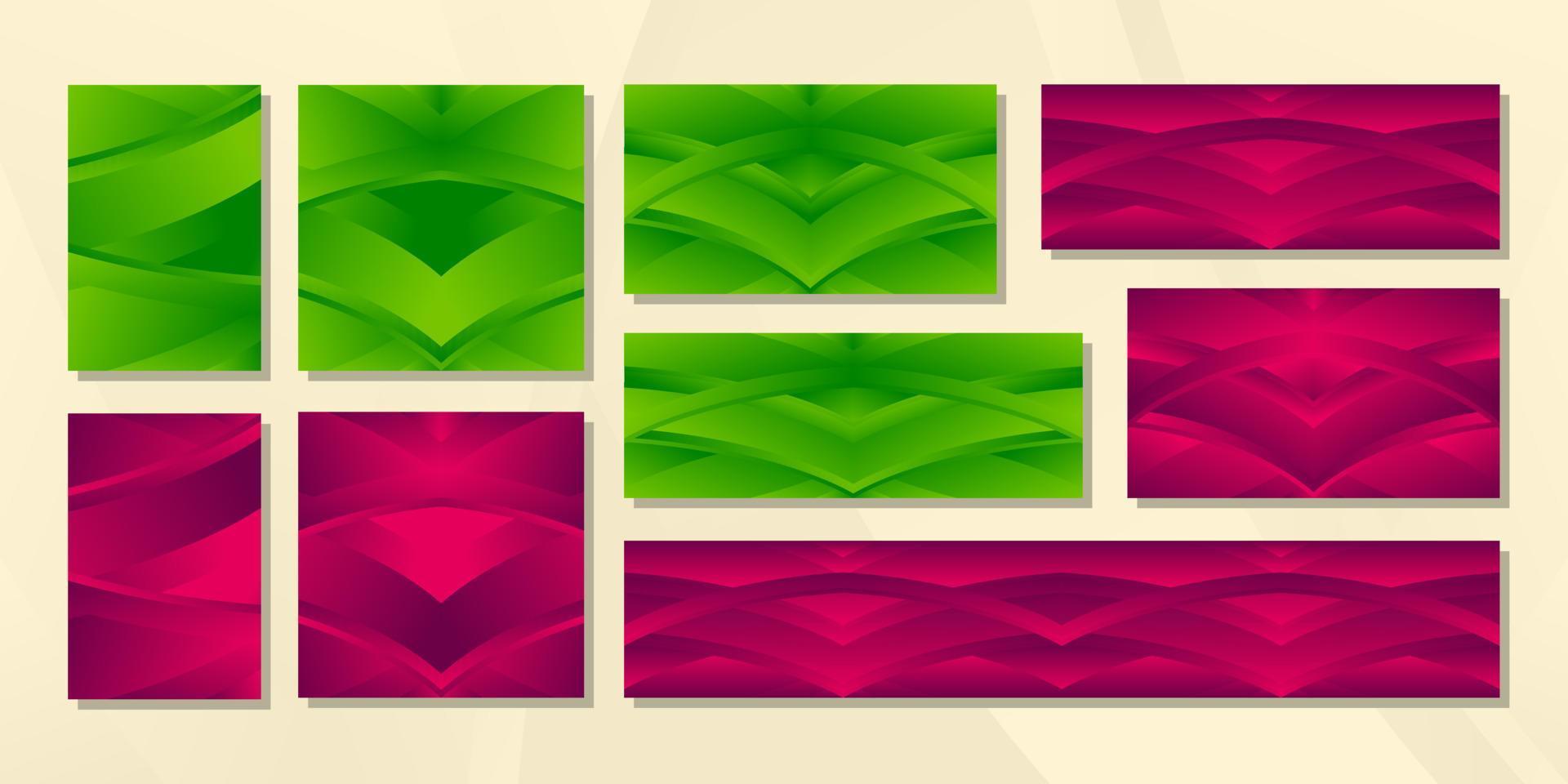 conjunto de pancartas resumen antecedentes con verde y Violeta degradado textura. negocio anuncio bandera. social medios de comunicación plantillas, cubrir, póster. vertical, horizontal y cuadrado modelo. vector