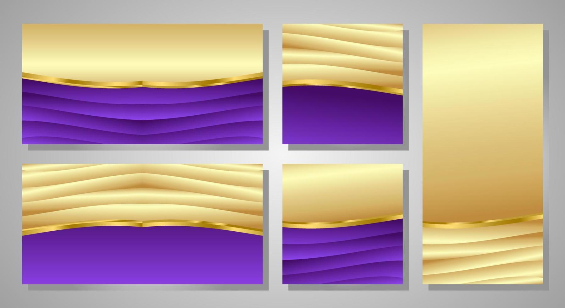 Abstract luxury background set with Golden and Purple shine lines. Luxury template design. cover, banner, poster, ads. Vertical, horizontal and square template. Vector illustration. eps 10.