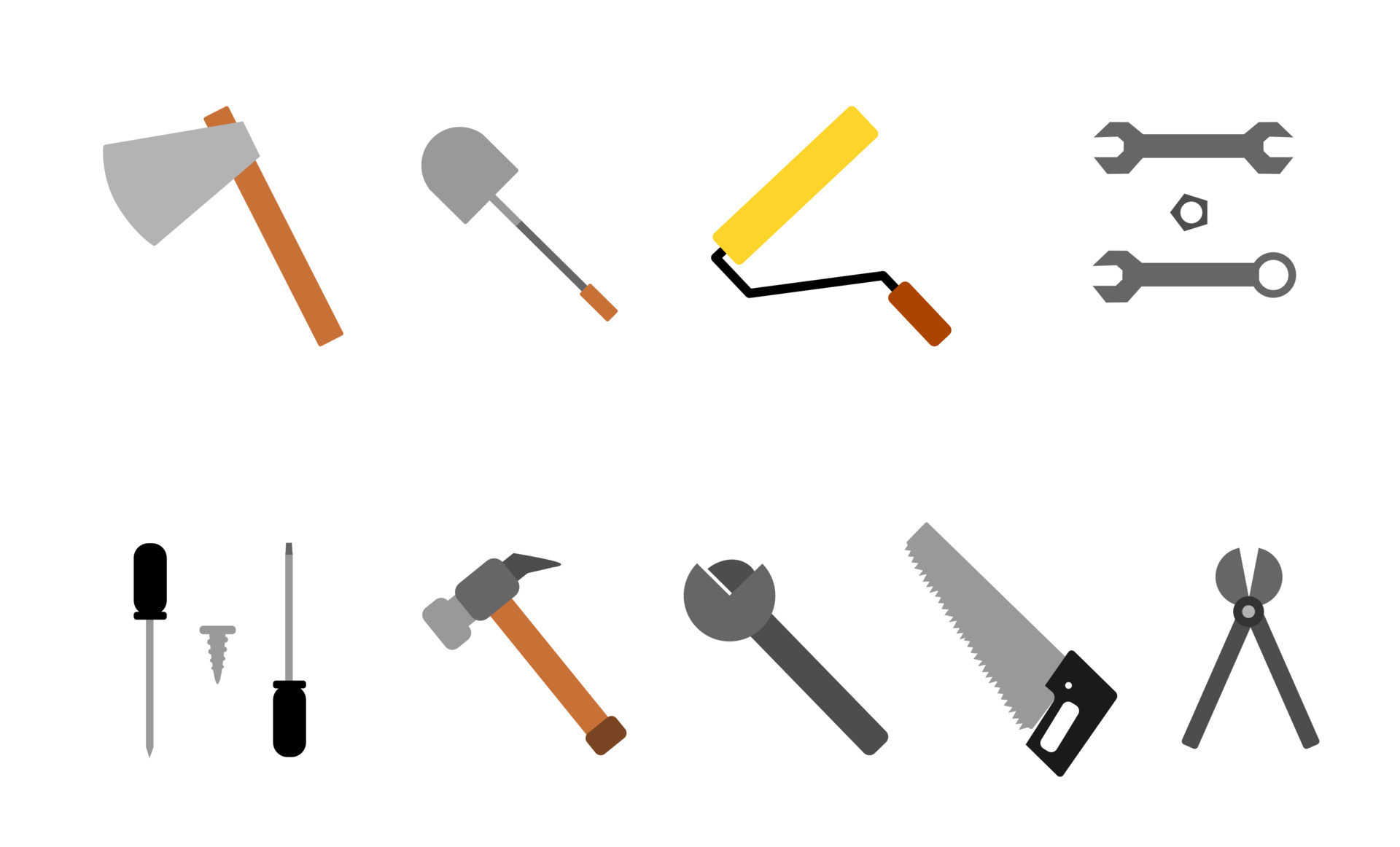 repair equipment. hammer. screwdriver. saw. ax. wrench. paint brush