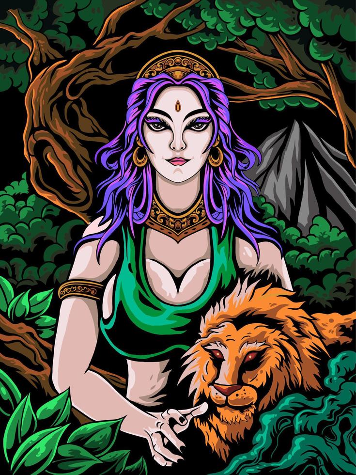 vector illustration of beautiful woman with lion