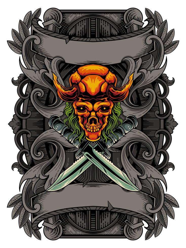 skull head with engraving background vector