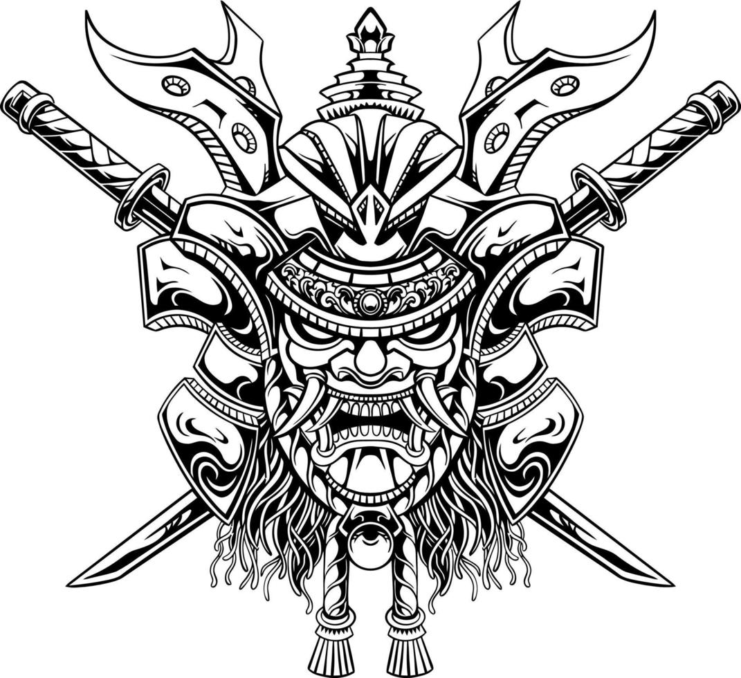 line art of yasuke with japanese samurai mask vector