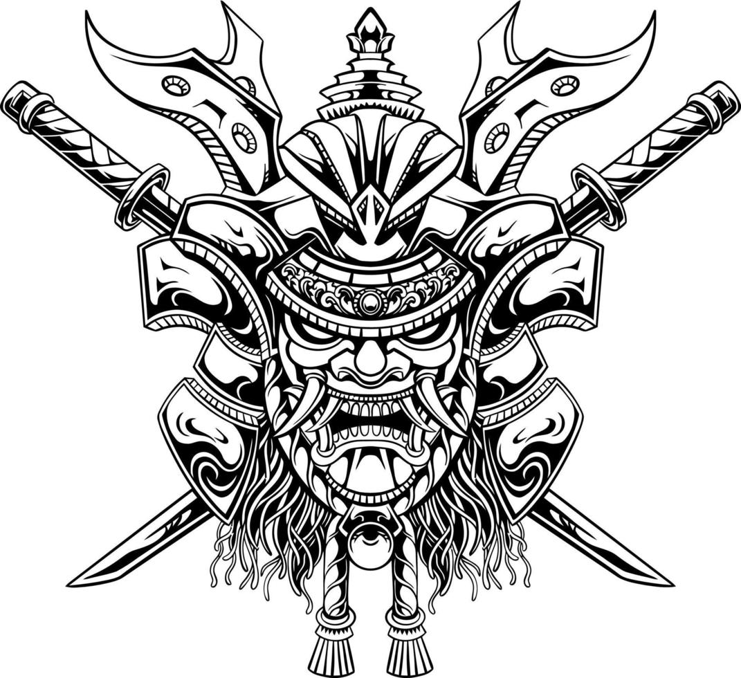 line art of yasuke with japanese samurai mask vector