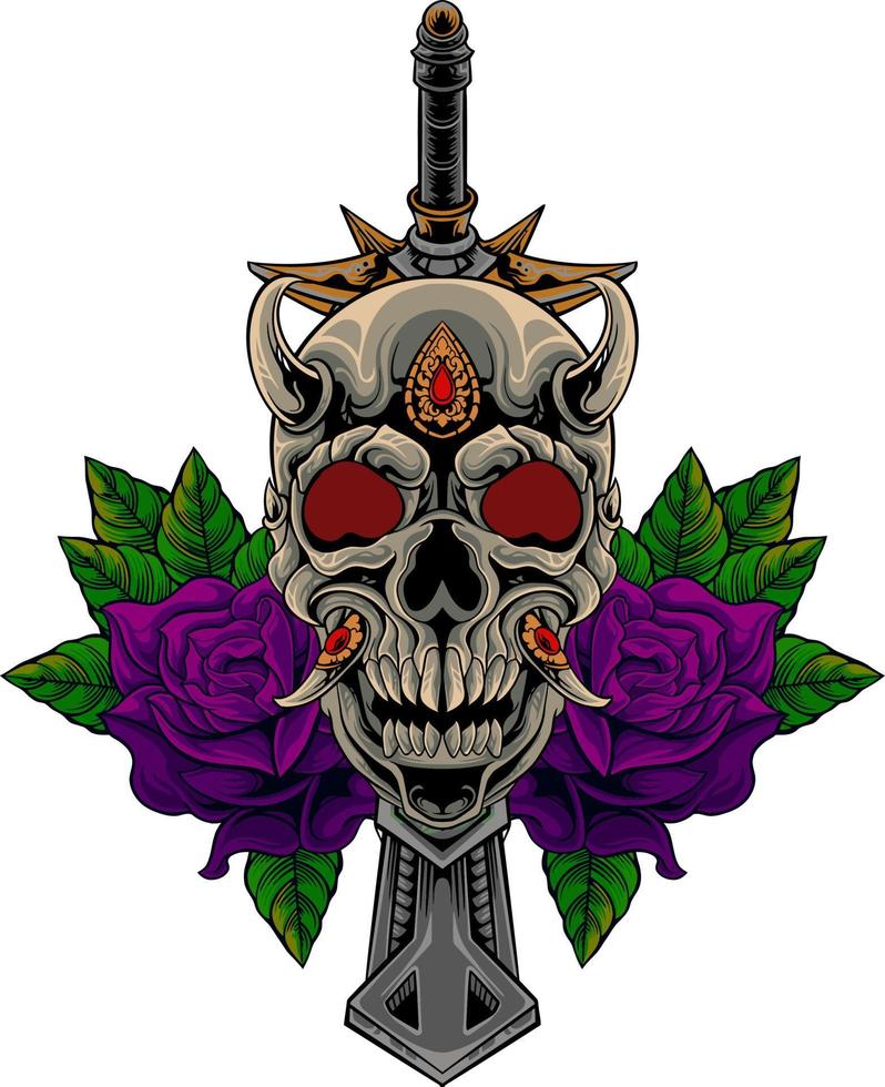 vector skull head with rose flower
