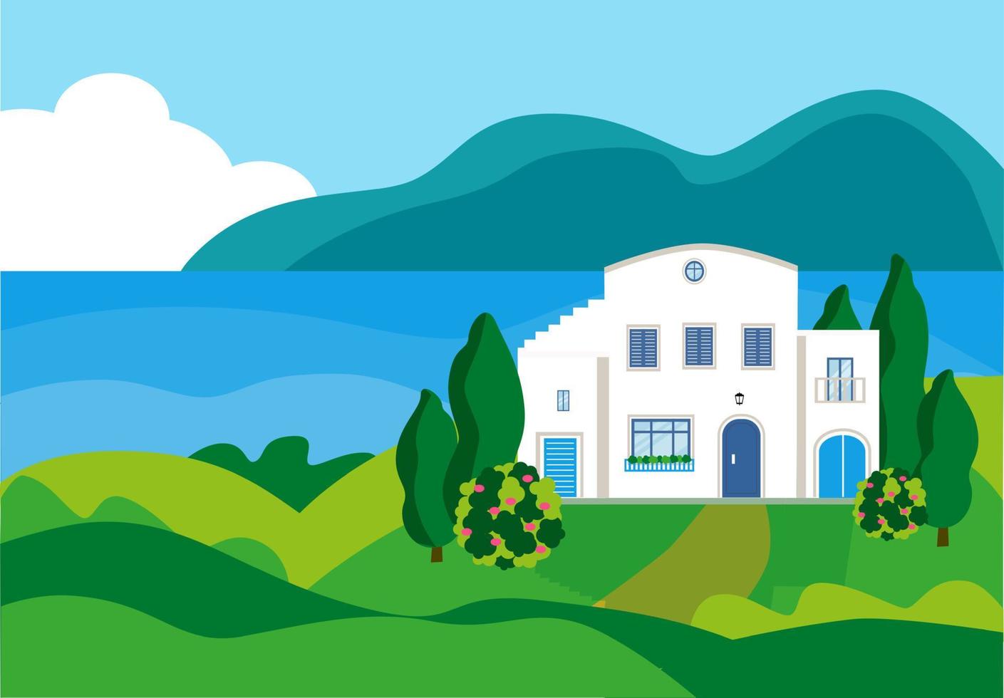 White house on the seashore. Summer sea landscape. Vector illustration in flat style.