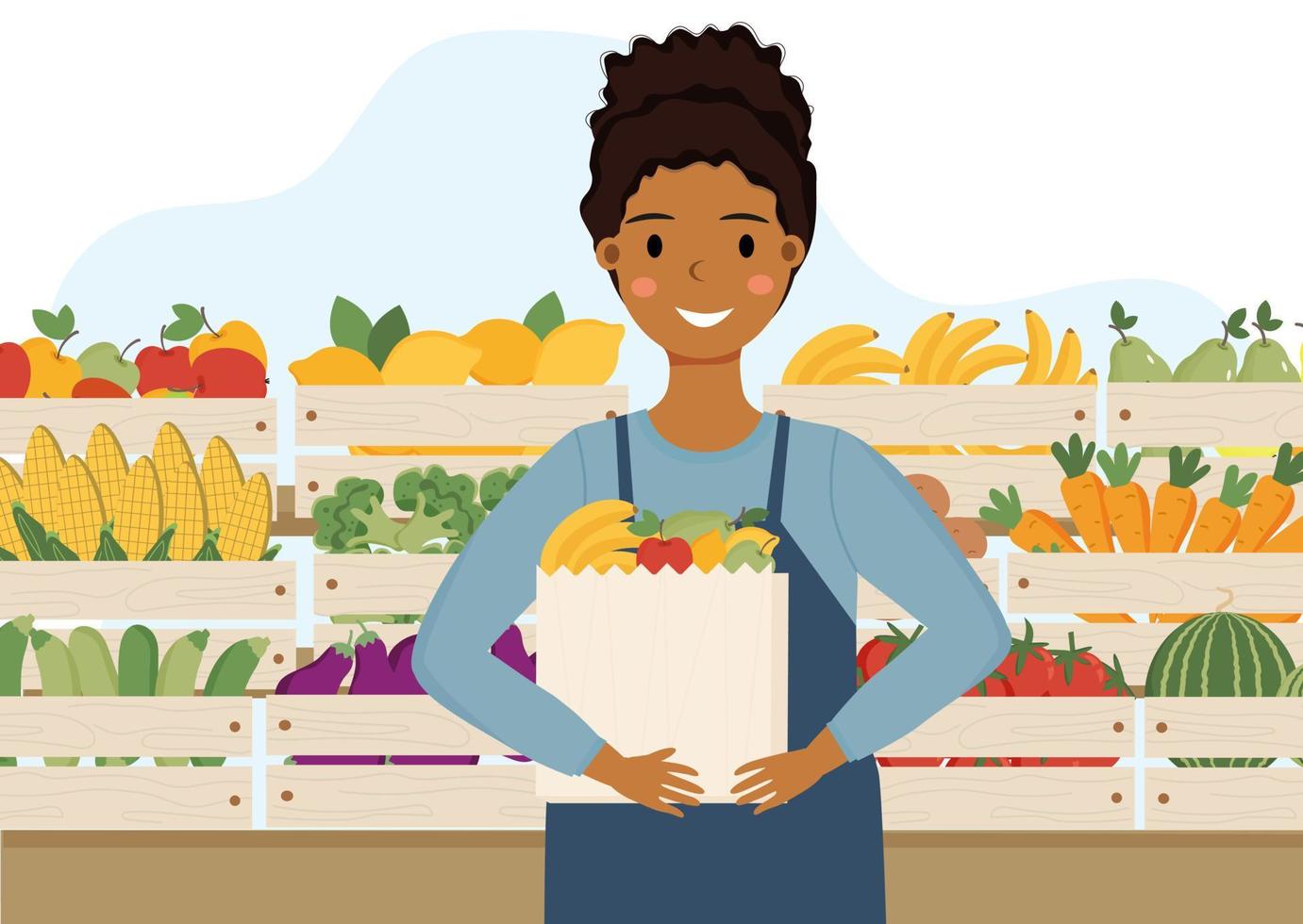 shop assistant woman fruits vegetables vector