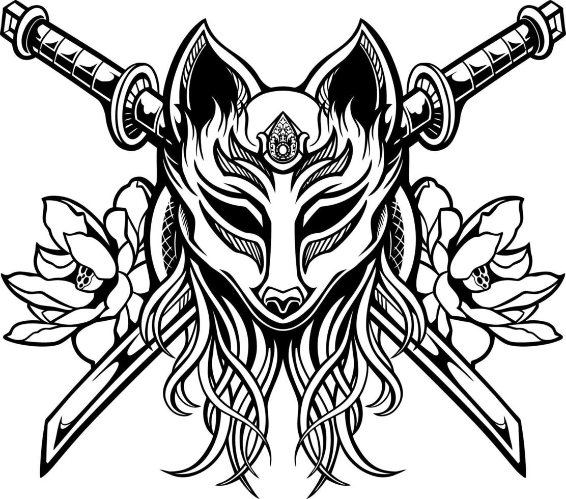 line art of fox mask with sword vector