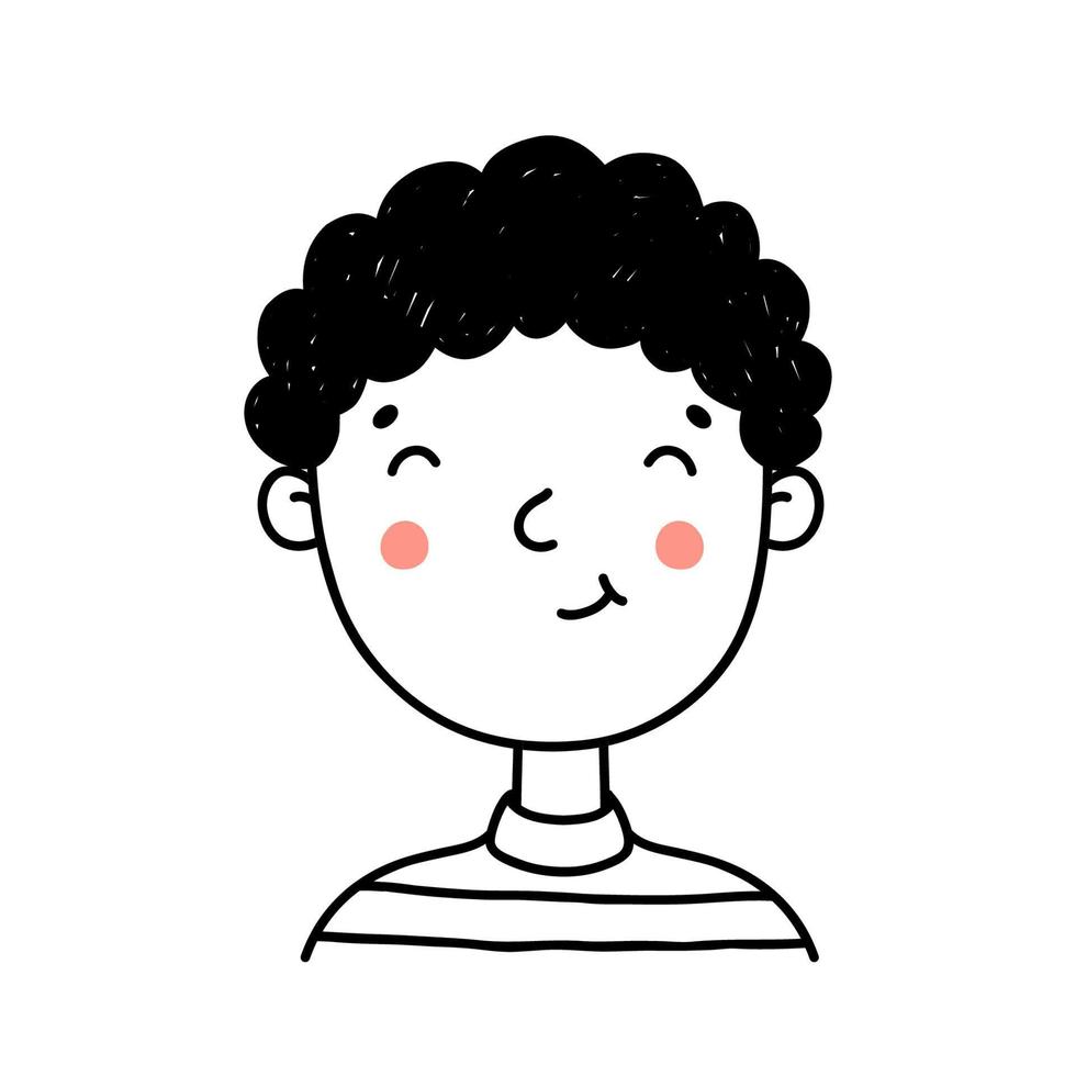 Cute portrait of happy young boy isolated on white background. Cartoon character. Vector hand-drawn illustration in doodle style.  Perfect for social media, avatars, logo, various designs.