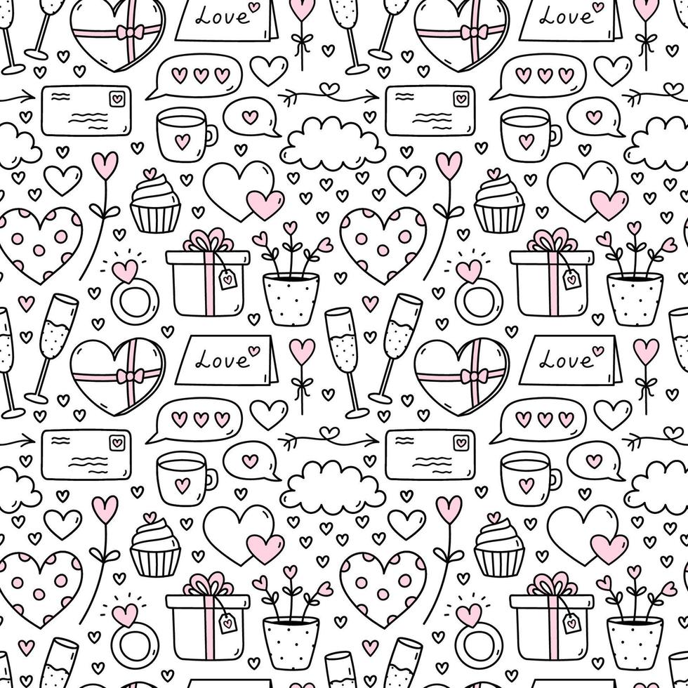 Cute seamless pattern for Valentine's Day with champagne, rings, hearts, clouds, letters, coffee, cupcakes. Vector hand-drawn doodle illustration. Perfect for holiday designs, print, decor, wrapping
