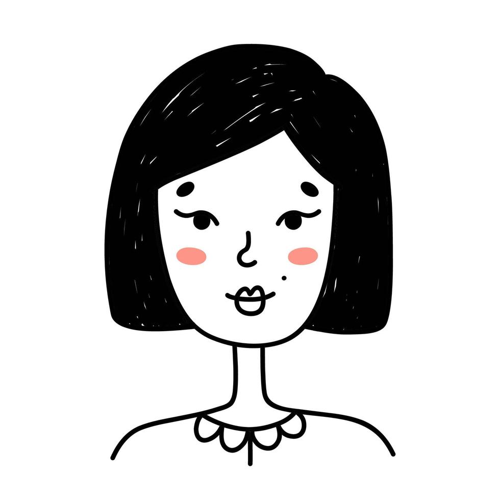 Cute portrait of young woman isolated on white background. Cartoon character. Vector hand-drawn illustration in doodle style.  Perfect for social media, avatars, logo, various designs.