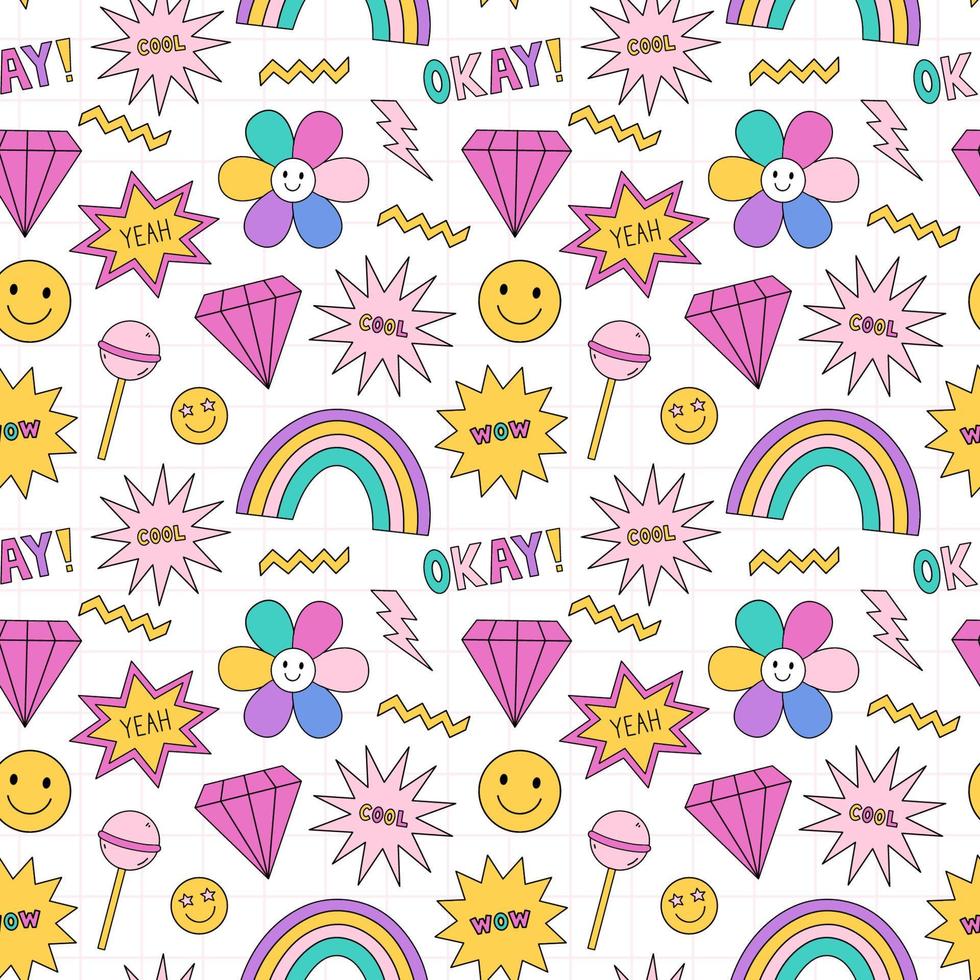Bright seamless pattern in the style of the 90s. Colorful rainbows, diamonds, smile faces, stars on checkered background. Nostalgia for the 1990s. Funny cool print. vector