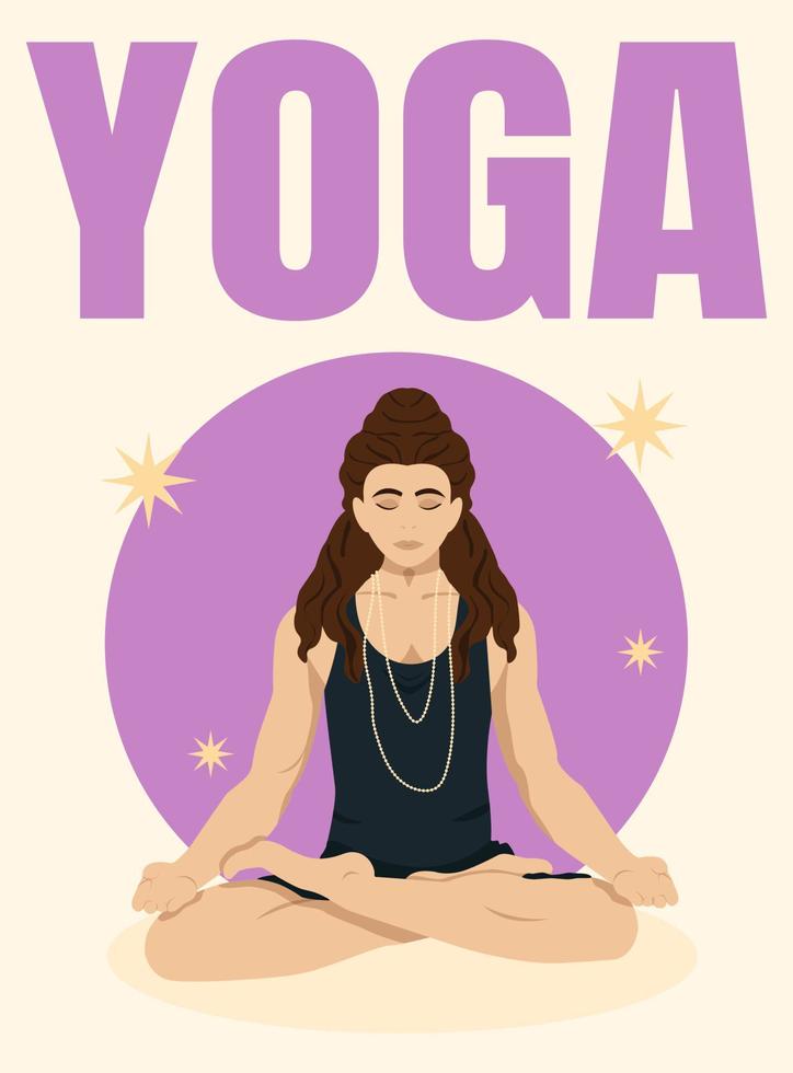 un hombre en un loto posición con largo pelo medita o lo hace yoga yoga estudio póster vector