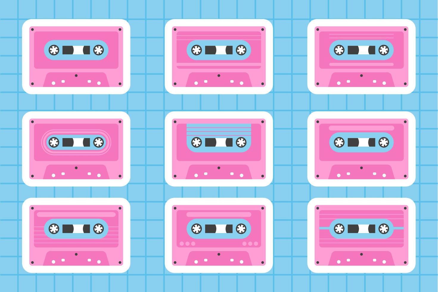 Set retro pink cassettes. Y2K, 90s style stickers with contour. Vector illustration on blue cage background.