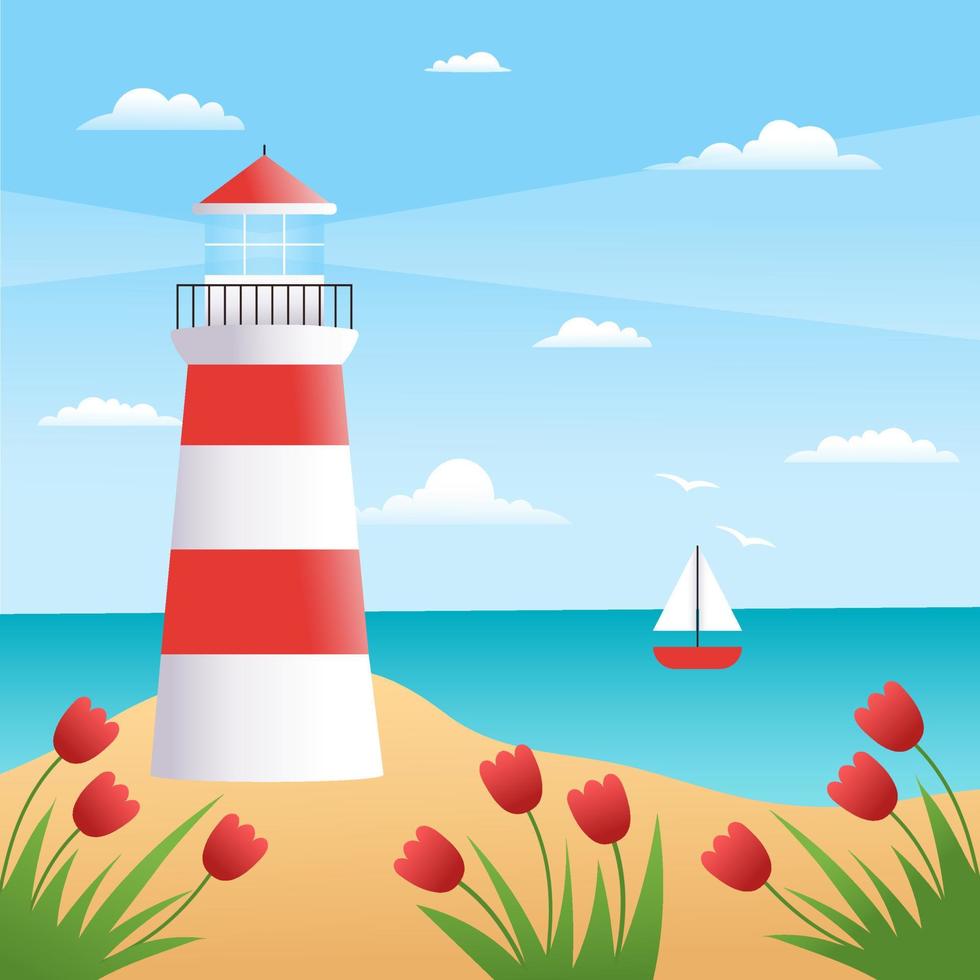 Lighthouse on the beach of the seashore. Spring, summer landscape. Vector flat illustration with gradients.