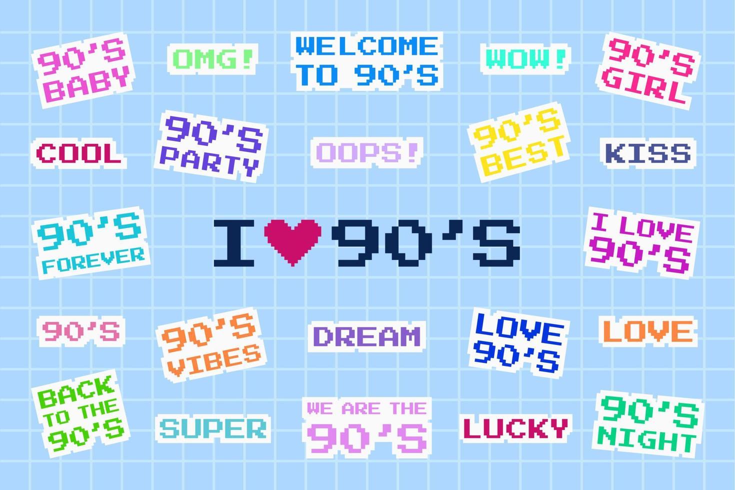 Sticker pack words in 90s style. Pixel art stickers with text. Vector illustration on blue cage background.