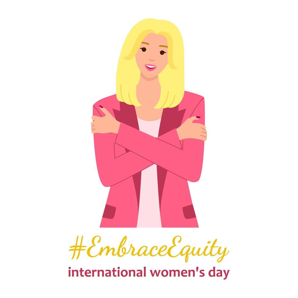 abrazo capital es tema de internacional De las mujeres día 8 marzo 2023. europeo mujer vistiendo rosado chaqueta abraza sí misma. genial para póster, bandera, volantes, tarjeta, web, social medios de comunicación. vector ilustración