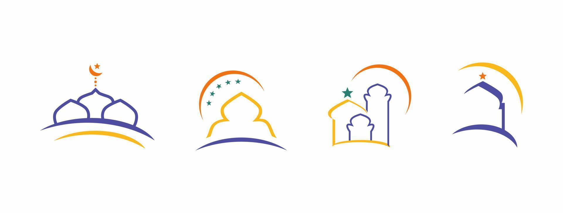 set of islamic emblem label for holiday event like ramadan, ied al fitr, ied al adha. islamic architecture elements of mosque minarets, domes, doors, crescents. vector