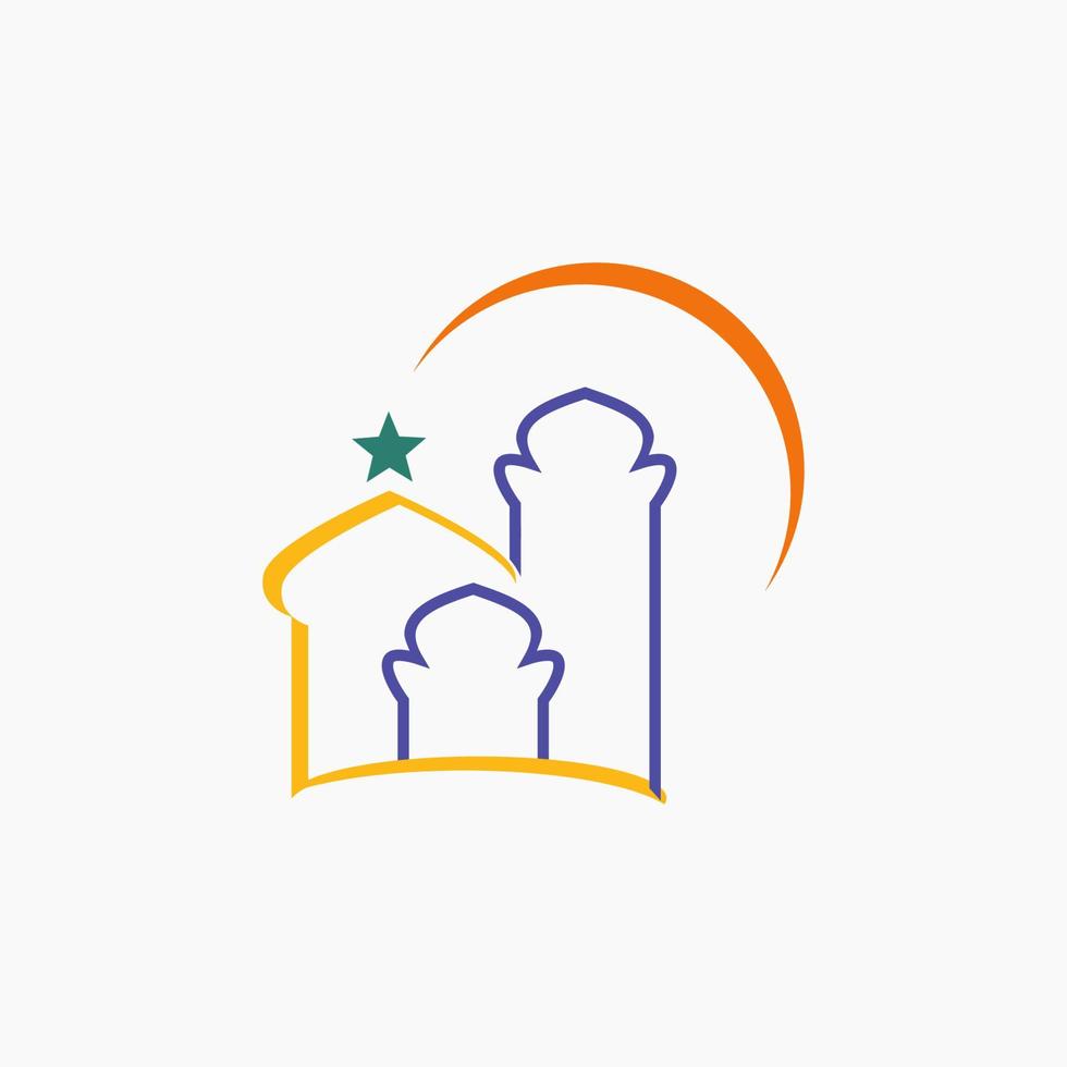 islamic emblem label for holiday event like ramadan, ied al fitr, ied al adha. islamic architecture elements of mosque minarets, domes, doors, crescents. vector