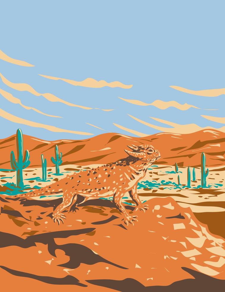 Desert Horned Lizard in Saguaro National Park Sonoran Desert Arizona WPA Poster Art vector