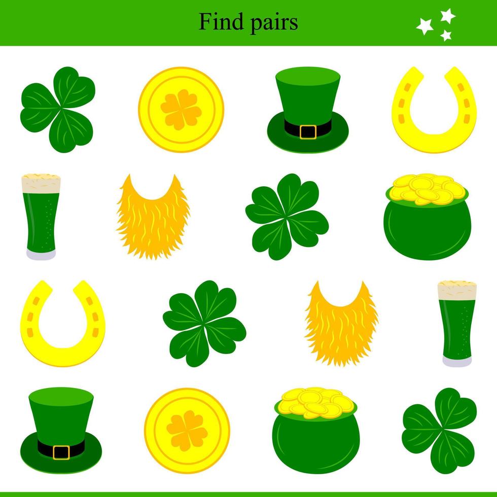 Find Pairs for St. Patrick's Day Elements. Children's Educational Game vector
