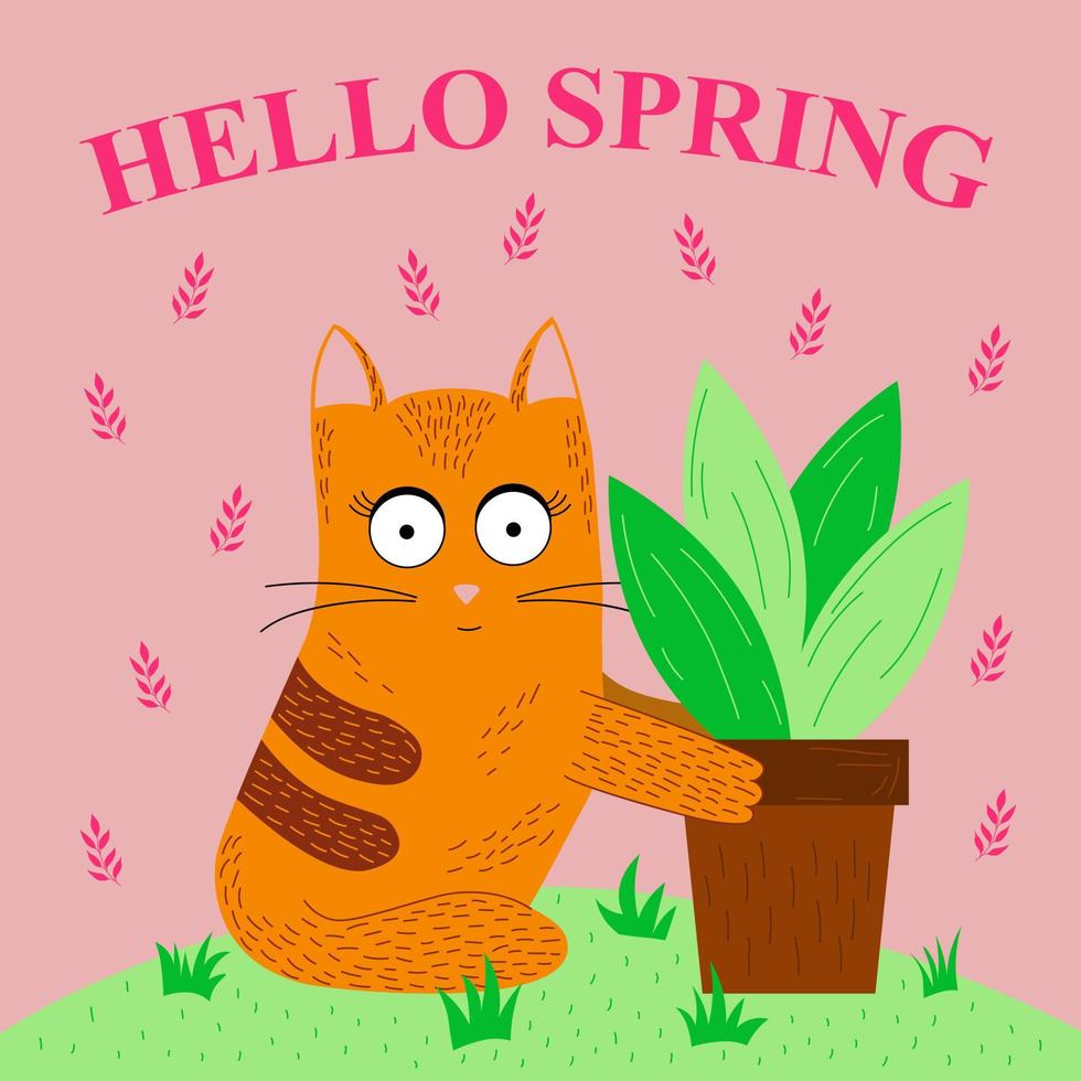 Hello Spring Card with Ginger Cat and Potted Plant vector