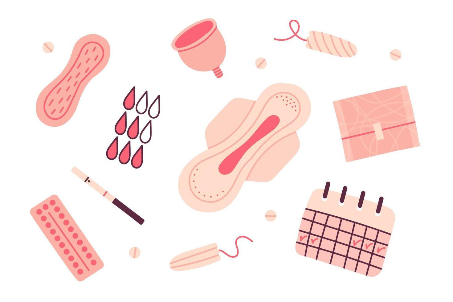 conjunto de plano mano dibujado femenino higiene elementos. colección de De las mujeres menstrual período artículos - menstrual taza, tampones, almohadillas, el embarazo pruebas vector