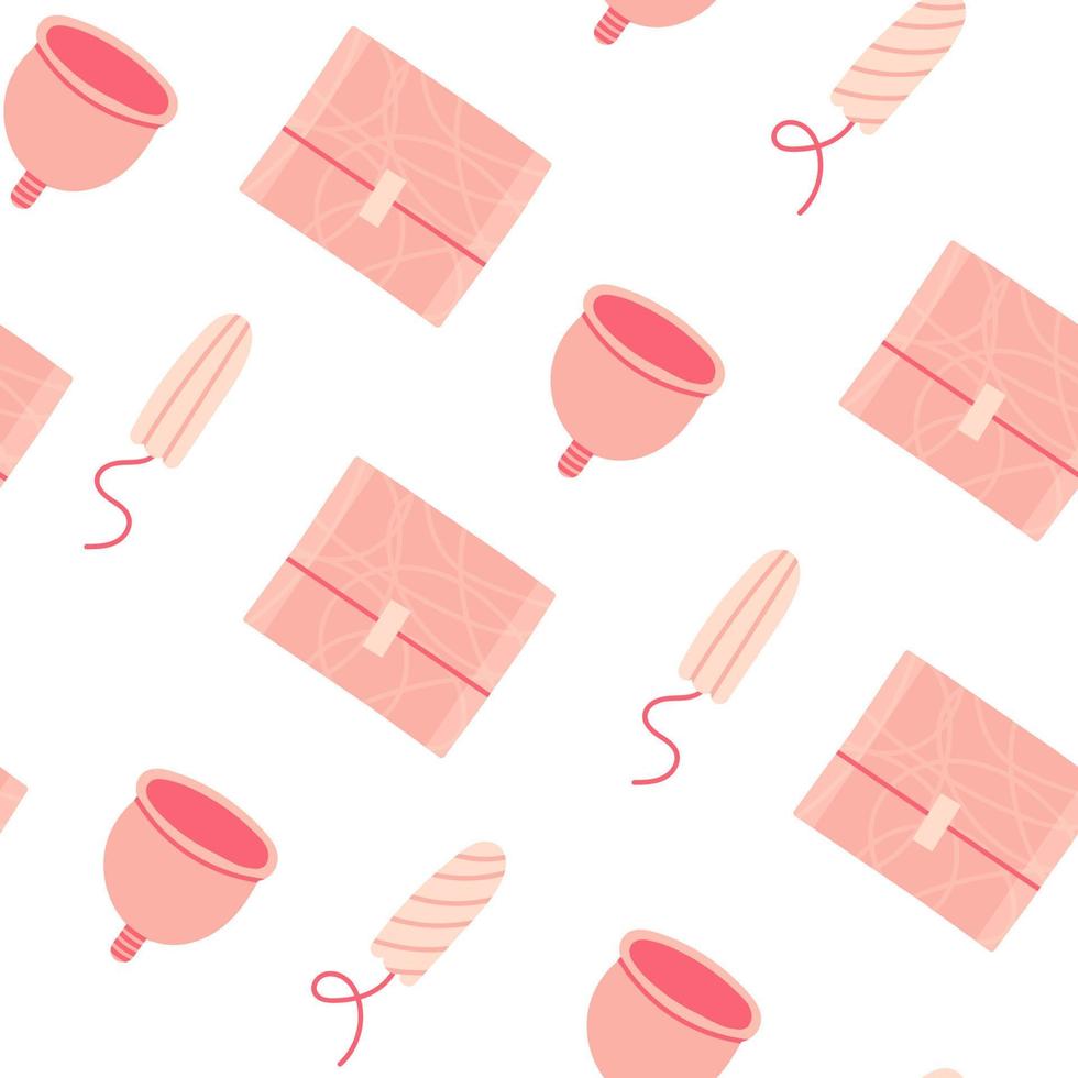 Seamless pattern of feminine hygiene products on a white background. Elements of the menstrual period - menstrual cup, tampons, pads. vector
