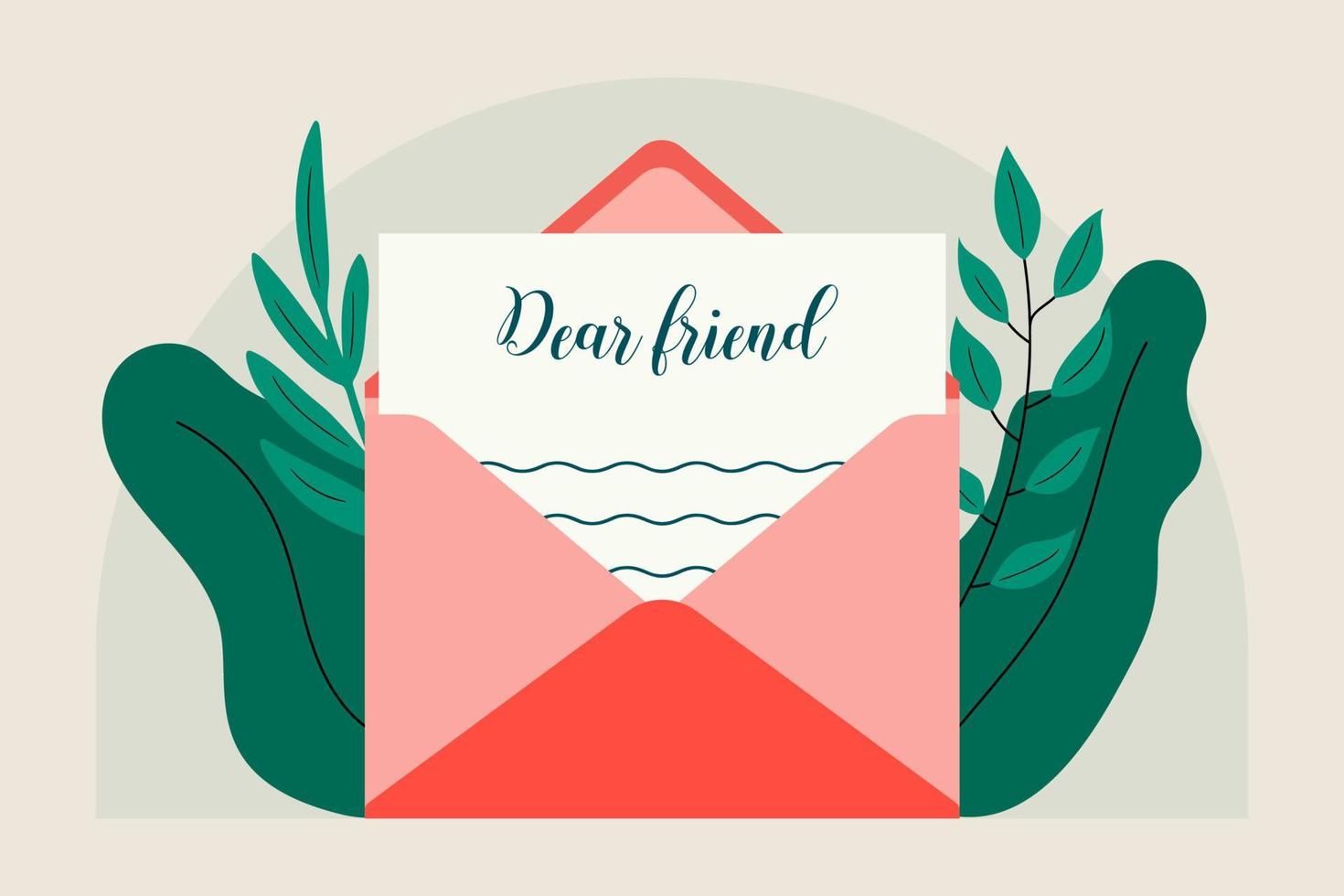 Composition of leaves and letter. Sending card to a friend day. Paper mail. Opened envelope with greeting card. Postal. Modern flat cartoon style. vector