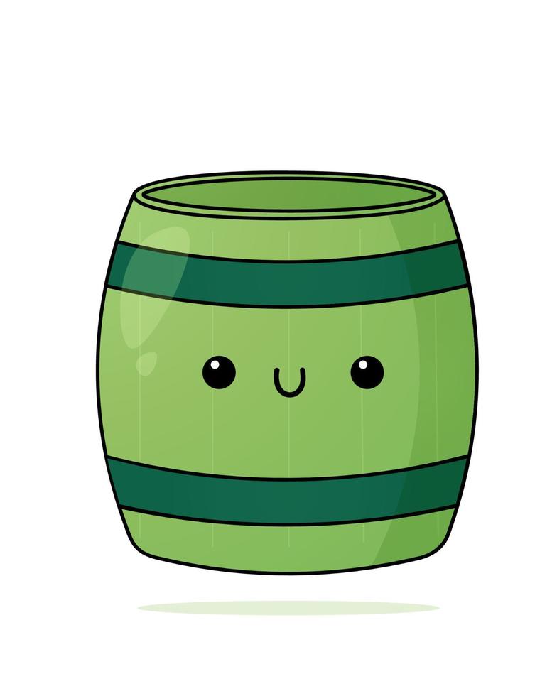 Adorable beer barrel. Kawaii style. Celebrate St. Patrick's Day. Vector cute illustration. Colorful and vibrant design. Perfect for use on posters, greeting cards, and menu designs for bars and pubs.