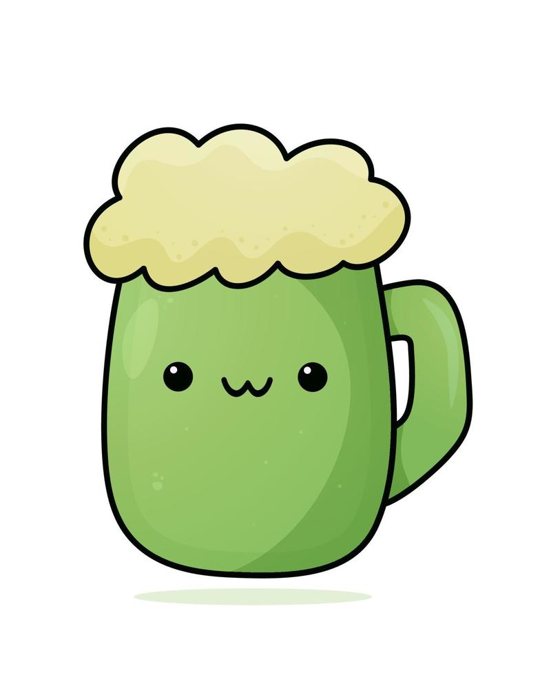 Celebrate St. Patrick's Day in kawaii style. Vector cute illustration. Adorable beer mug. Vibrant design. Perfect for featuring on posters, greeting cards, invitations, bar menus, and pub menus.