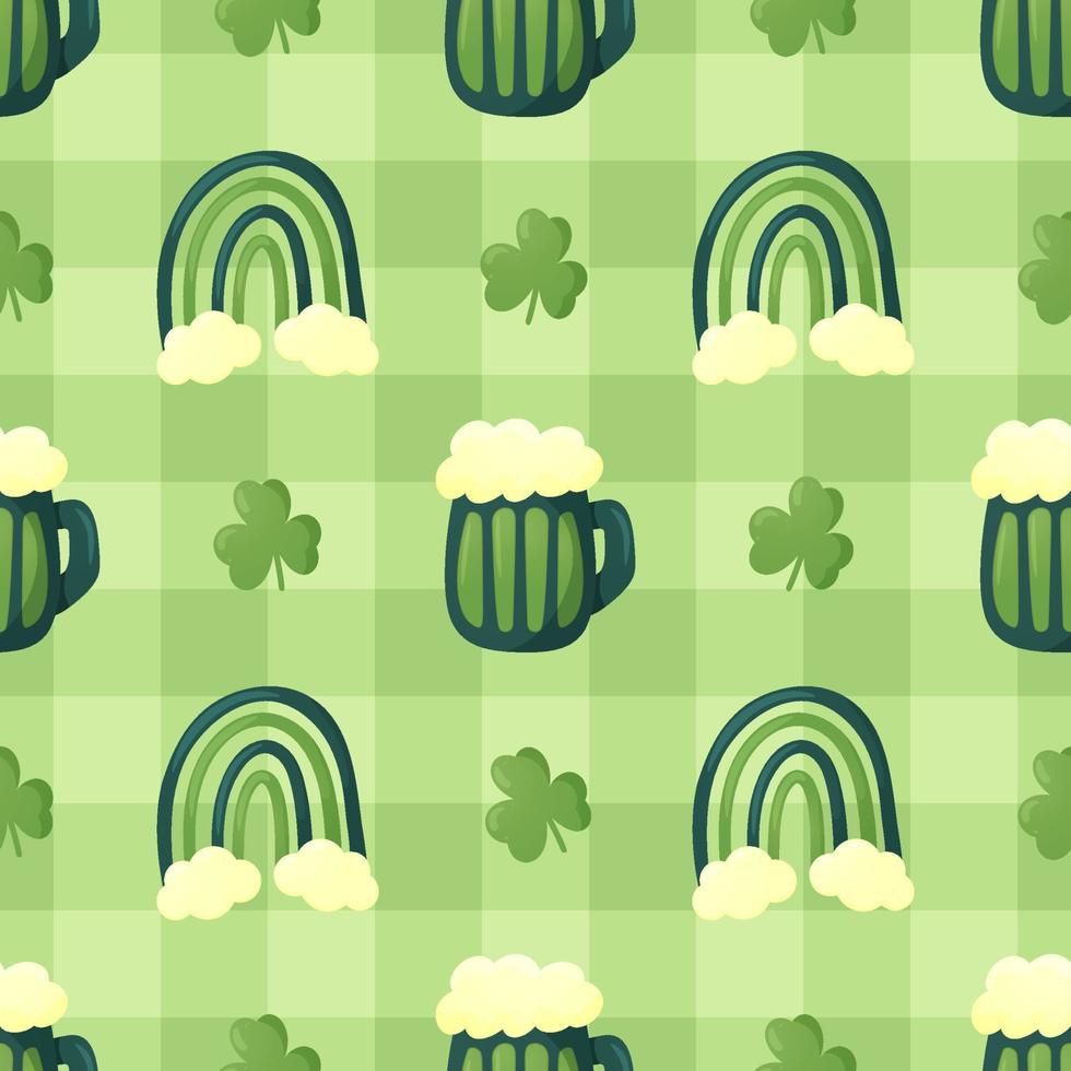 Green beer mug, clover and rainbow. Seamless pattern. Cute flat style. St. Patricks day. Irish charm. Checkered background. vector