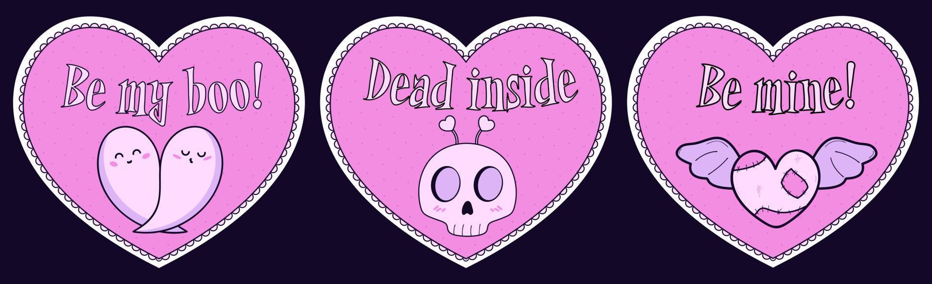 Set of alternative Valentine cards. Creepy clipart. Spooky love. Kawaii pastel goth style. Dead inside. Ragged heart with seam. Be my boo. Ghost couple hugging love. vector