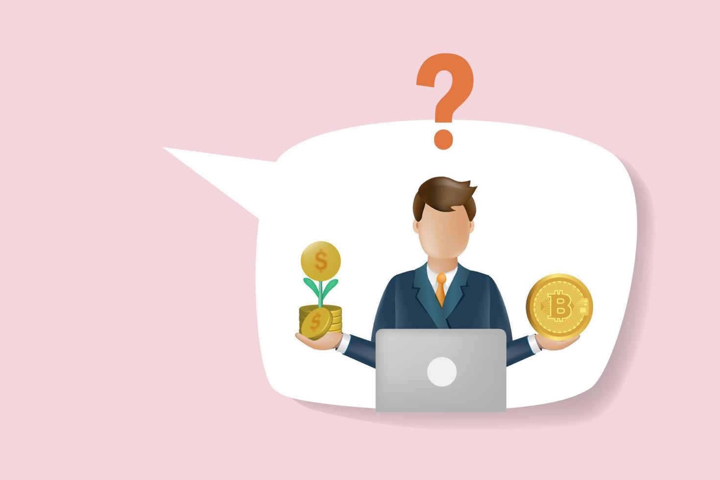 Businessman holding fiat money and Bitcoin. Investment comparison, decision making in financial pro and con between crypto currency and dollar money. Vector Illustration.