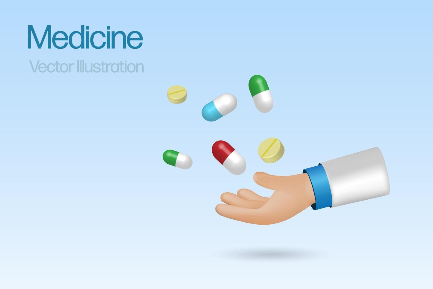 Doctor hand hold medicine capsule pills. Medical diagnosis and pharmaceutical treatment to solve patient health problem concept. 3D vector. vector