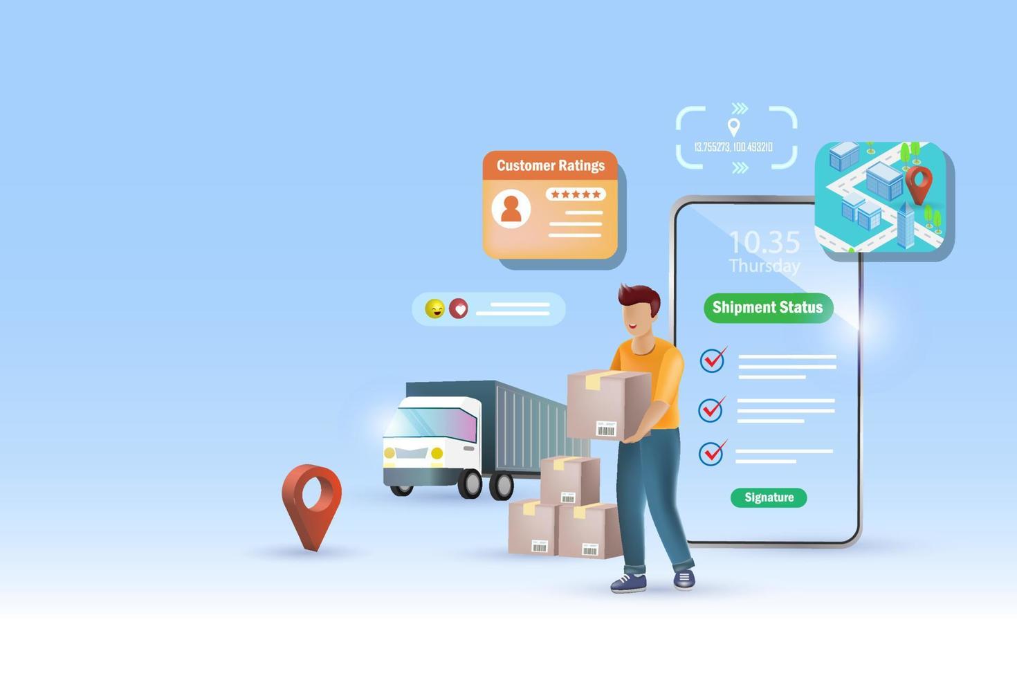 Online delivery service with excellent customer rating and review. Delivery man holding carton shipments with smart tracking technology and best delivery service performance. Vector Illustration.